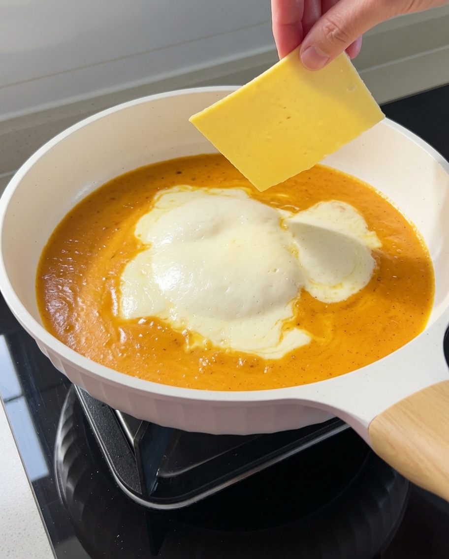 Una loncha de queso procesado derritiéndose en la salsa cremosa de tono anaranjado.