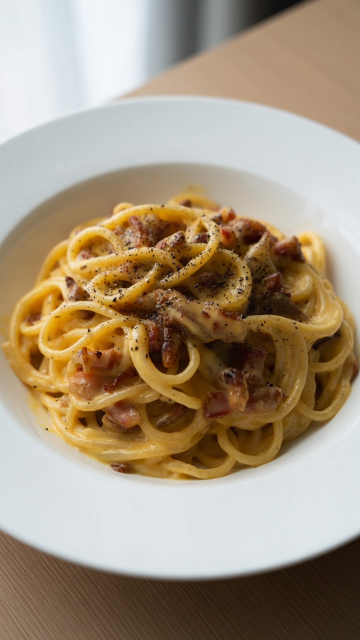 Pasta a la Carbonara con Huevo Salado y Bacon