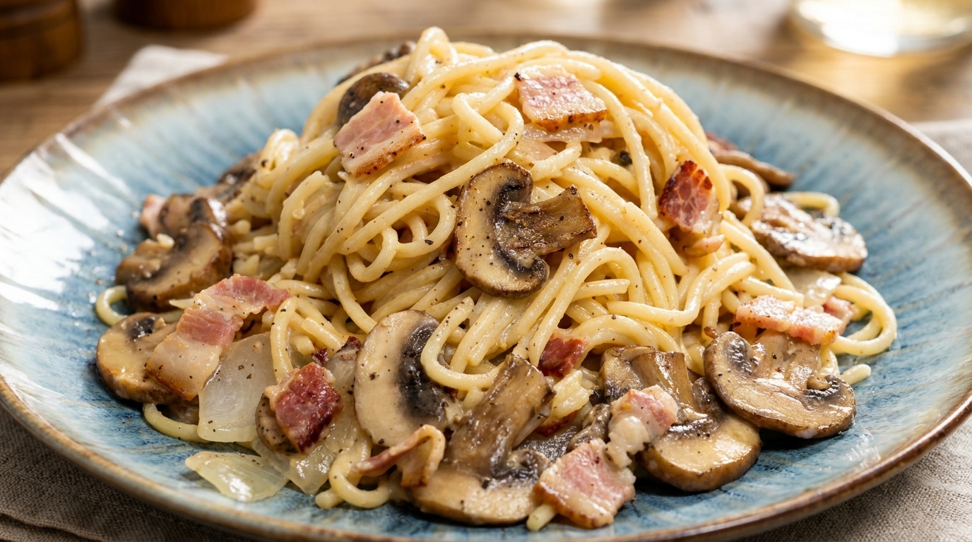 Pasta Cremosa con Tocino y Champiñones