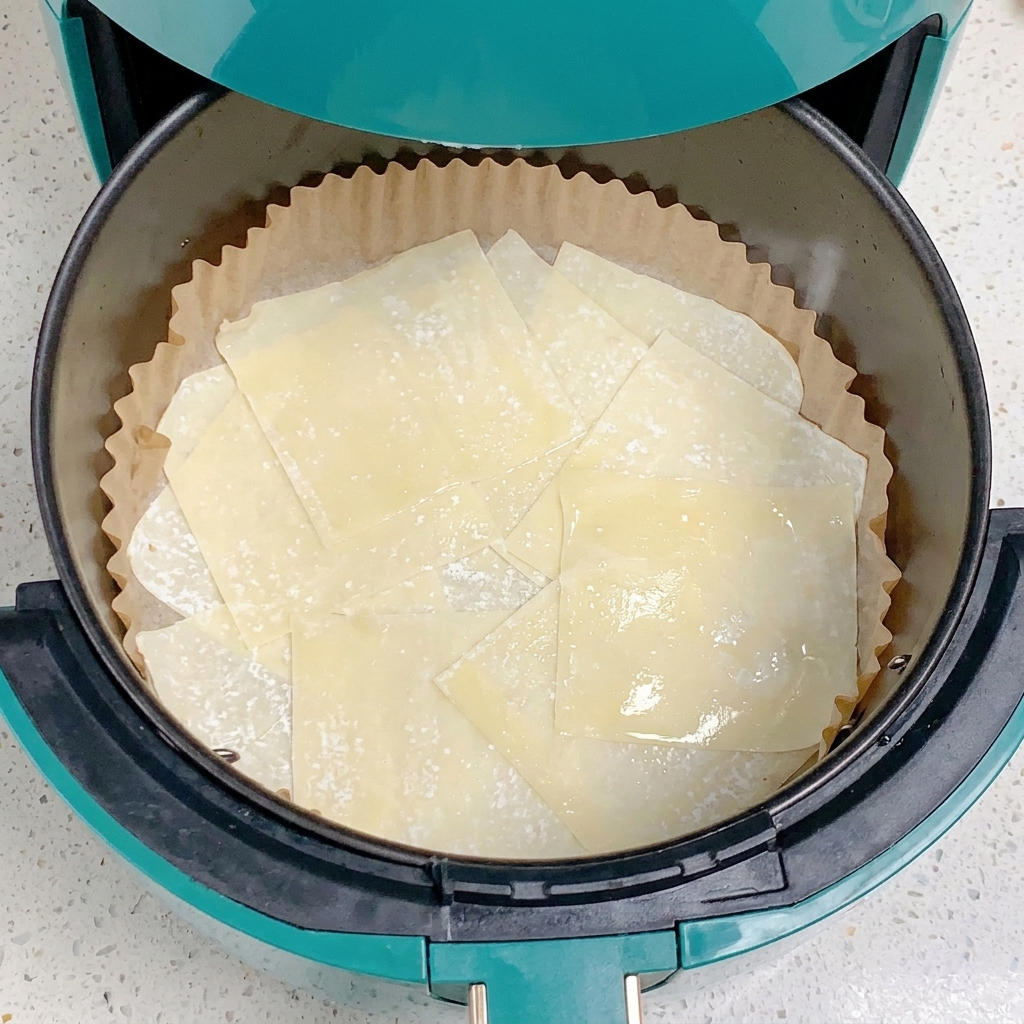 Capa de láminas de wonton brillantes por una ligera capa de aceite en la freidora.