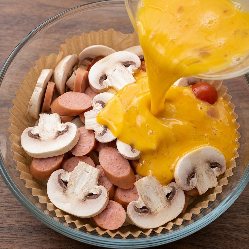 Mezcla de huevo batido siendo vertida sobre los ingredientes en la freidora.