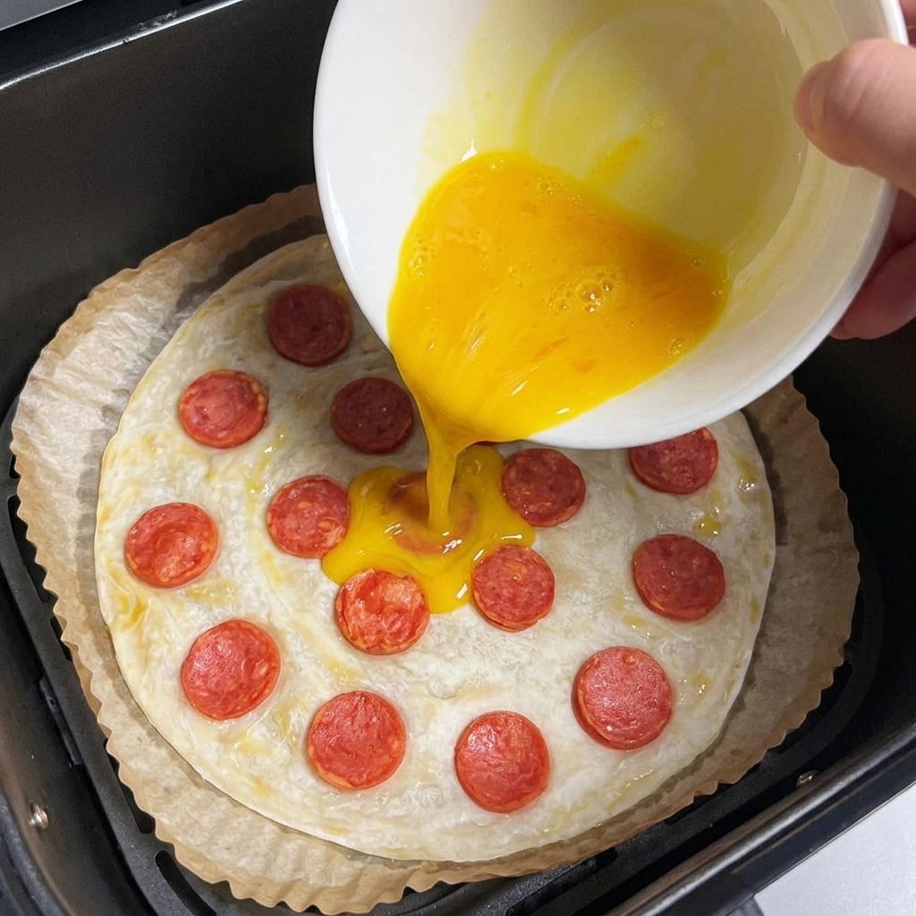 Mezcla de huevo siendo vertida desde un bol sobre una tortita de cebolleta cubierta con rodajas de salchicha.