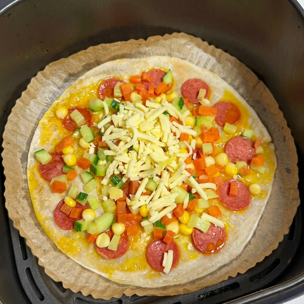 Una tortita de cebolleta al estilo pizza cubierta con verduras frescas y una gruesa capa de queso rallado.