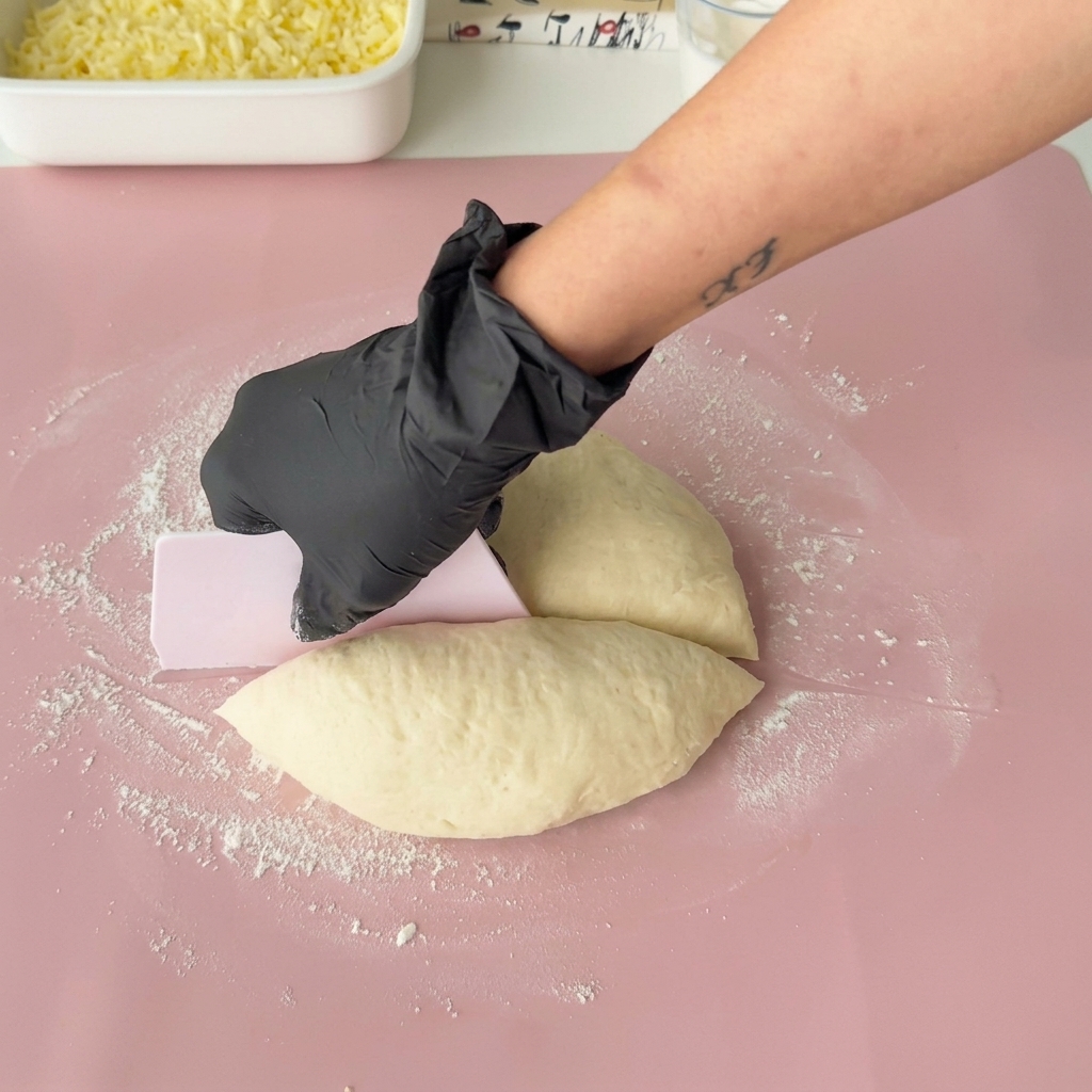 Una porción de masa de pizza siendo aplanada en un tapete de silicona con un rodillo.