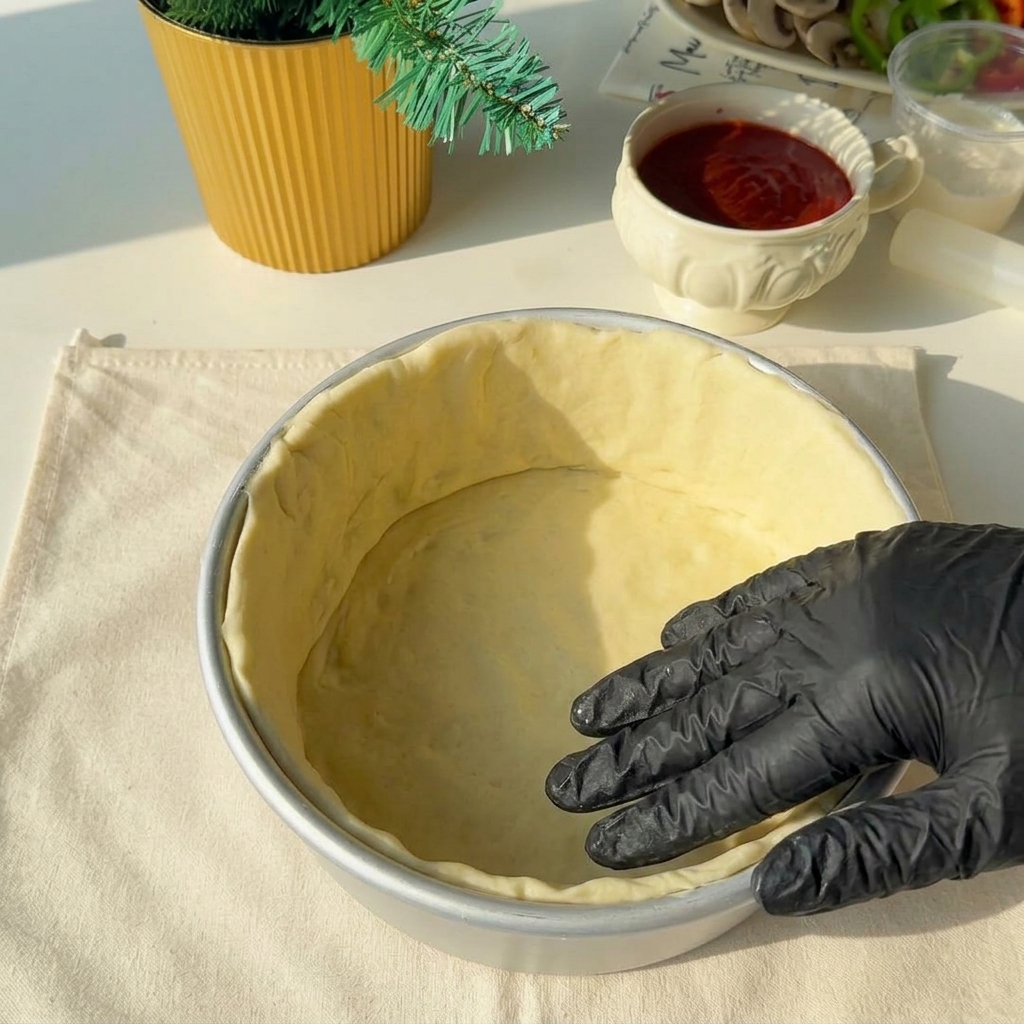 Una capa gruesa de queso rallado esparciéndose dentro del molde de 6 pulgadas forrado con masa.