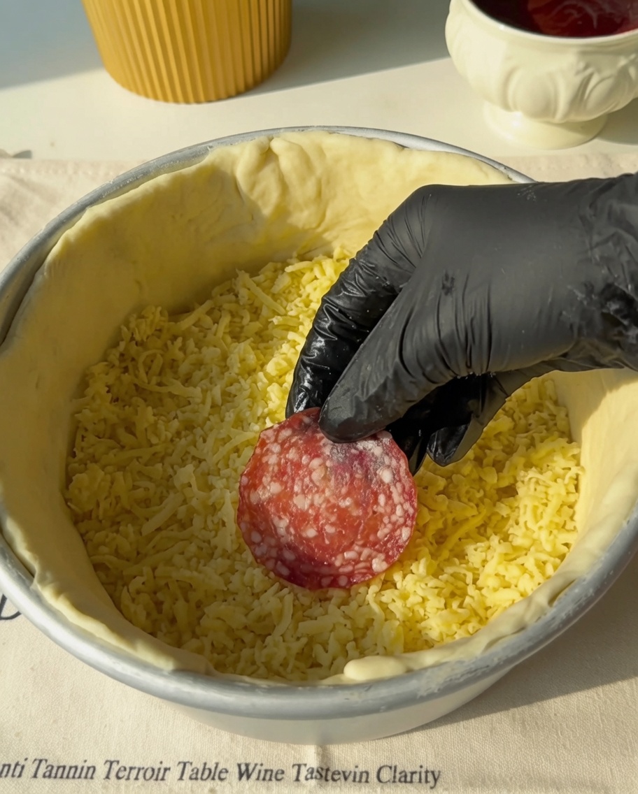 Rodajas de salami colocándose en capas sobre el relleno de queso en el molde.