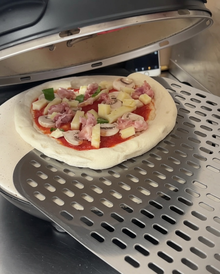 Una pizza cruda cargada de ingredientes sobre una pala de metal, siendo colocada dentro de un horno de pizza compacto.
