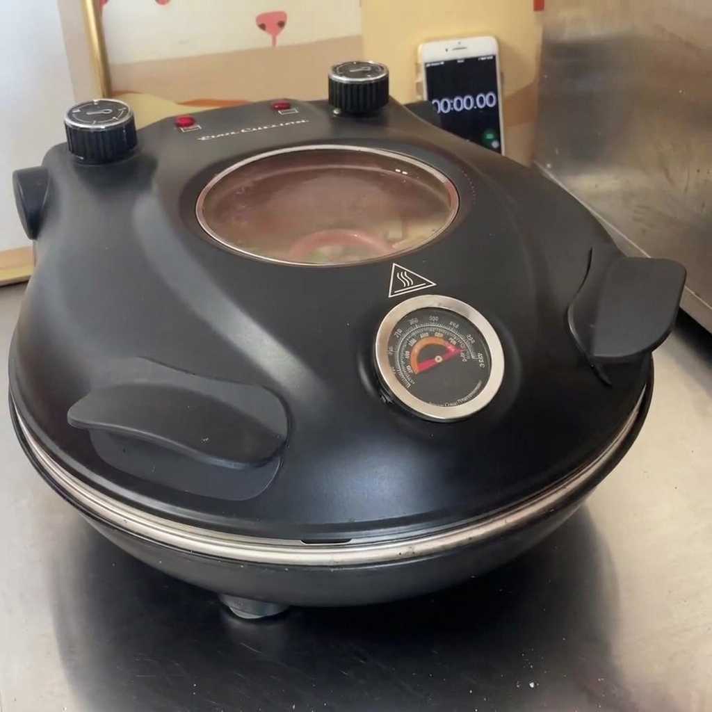 Un horno de pizza compacto de color negro con la tapa cerrada y el medidor de temperatura visible.