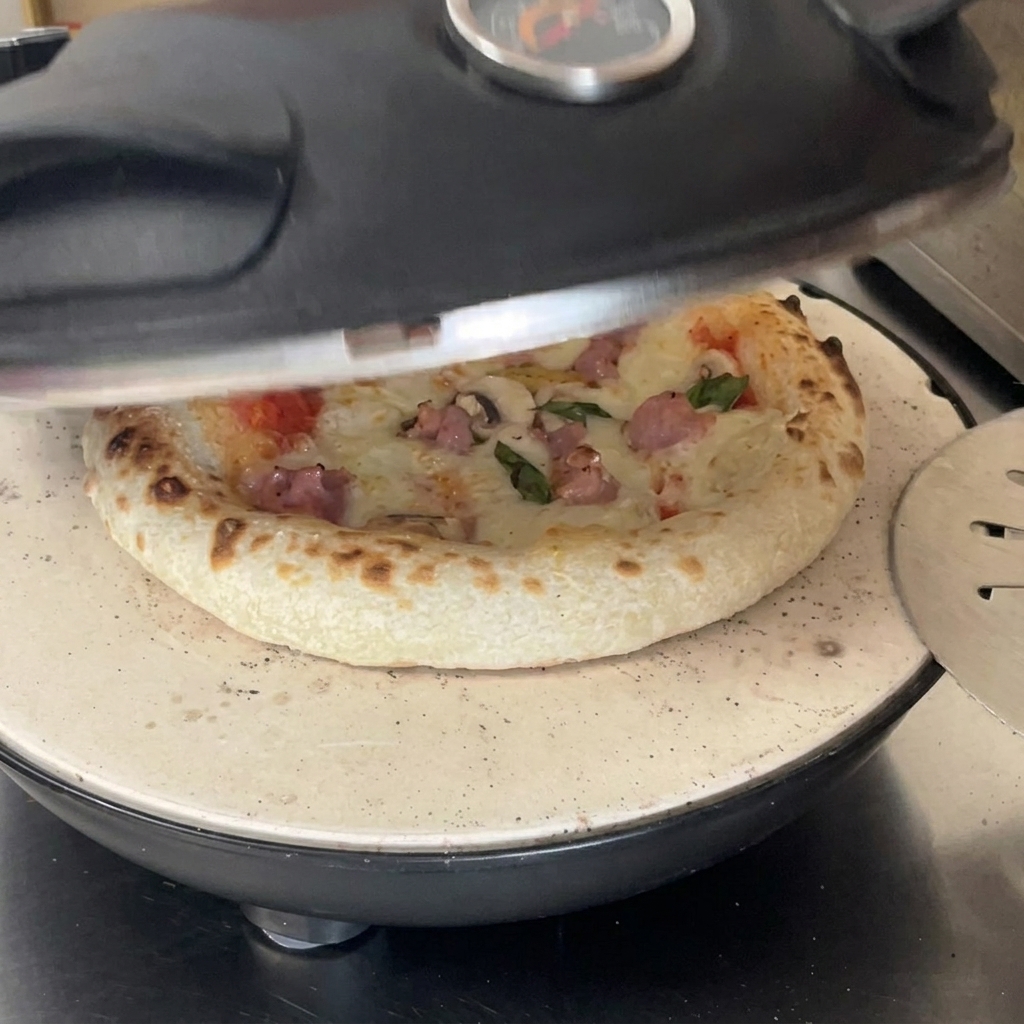 Una pizza dorada con el queso burbujeante reposando sobre una piedra dentro de un horno abierto.