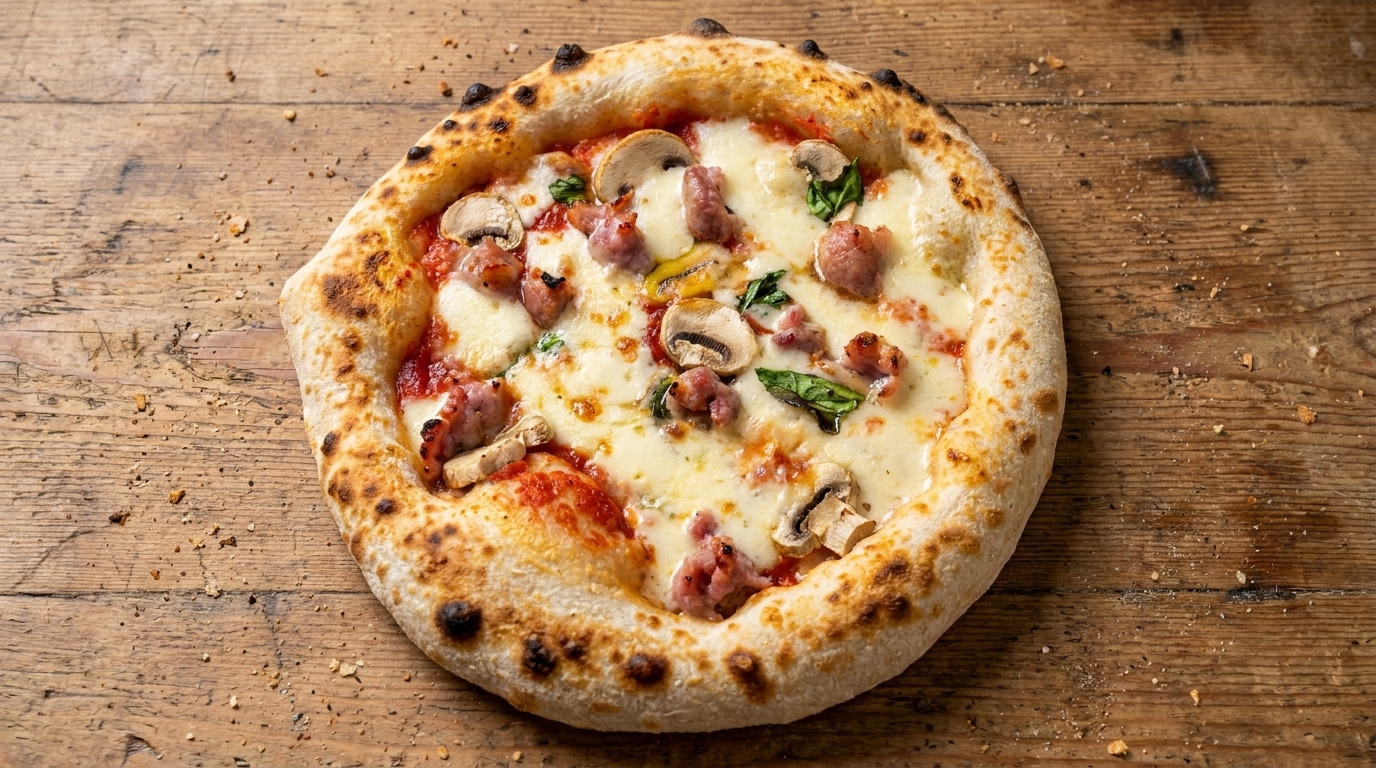 Pizza Rústica de Champiñones, Cerdo y Salchicha