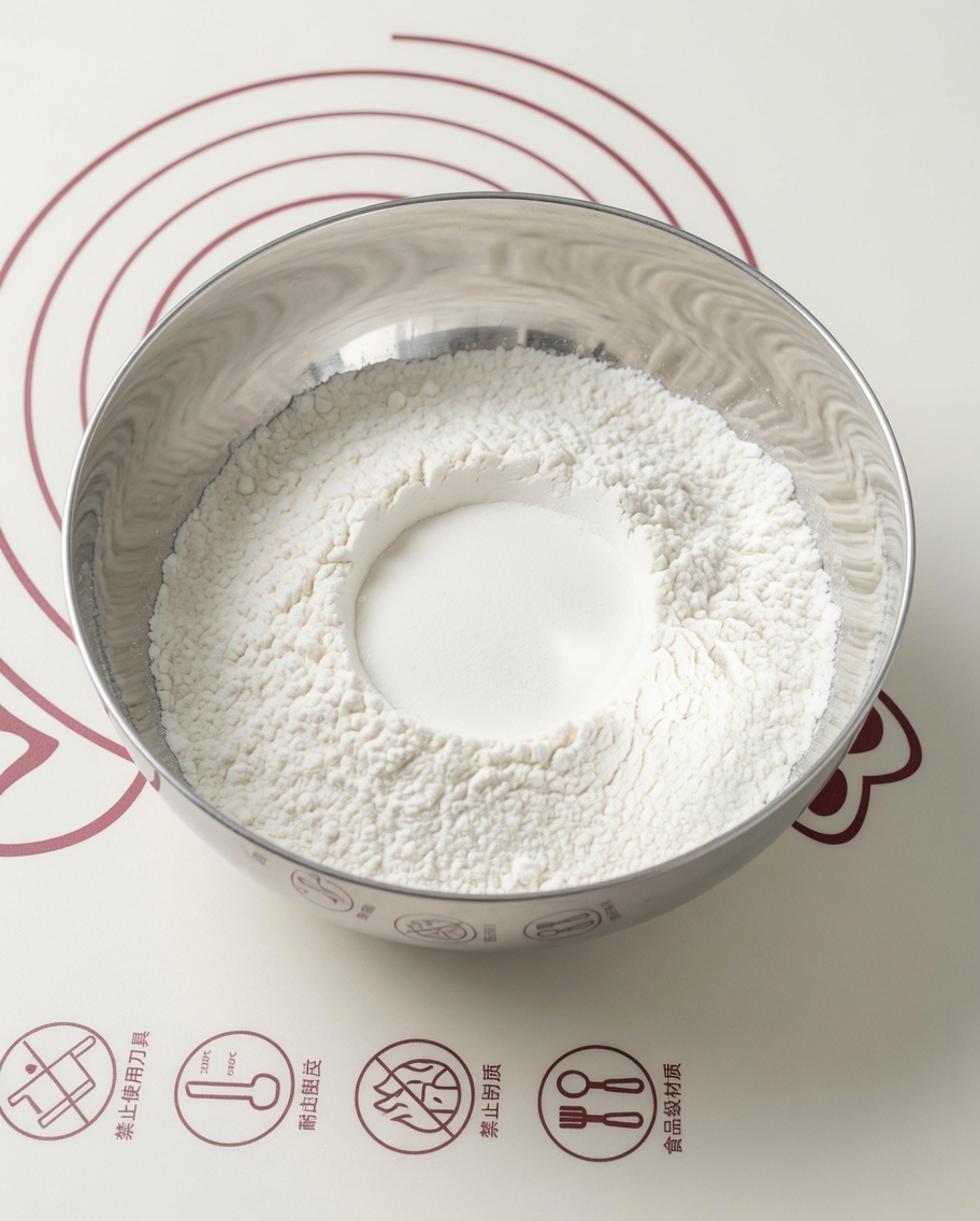 Un bol que contiene los ingredientes secos: harina, levadura, azúcar y sal.
