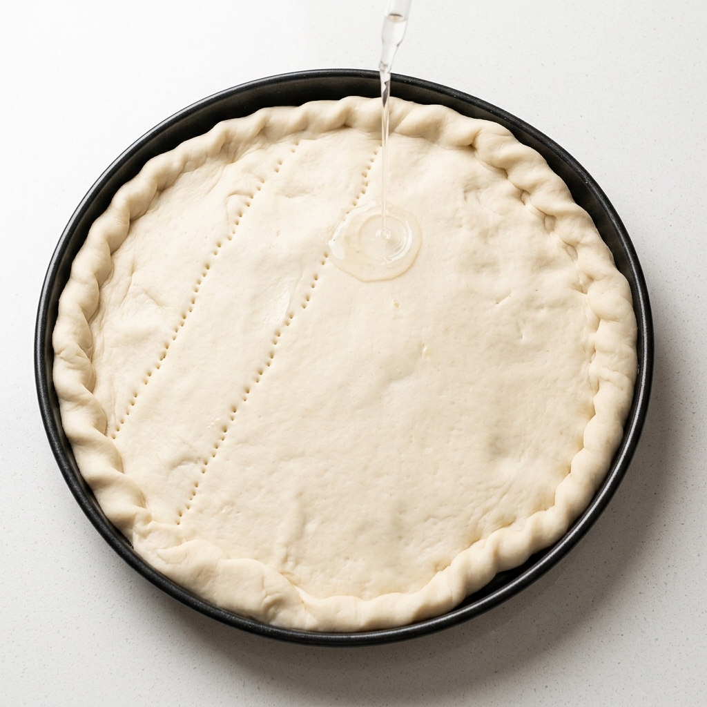 Una masa de pizza dentro de un molde redondo siendo pinchada con un tenedor.