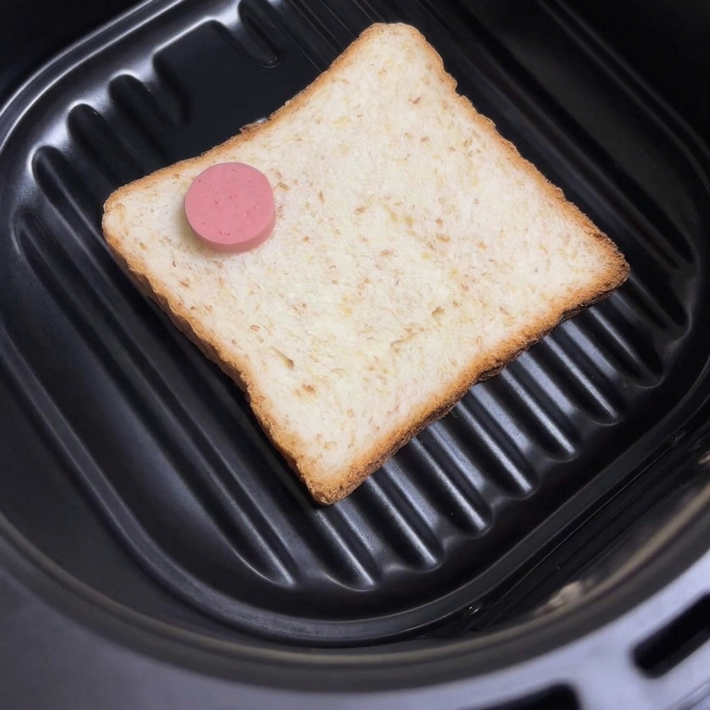 Rodajas de salchicha dispuestas uniformemente sobre el pan blanco en la air fryer.