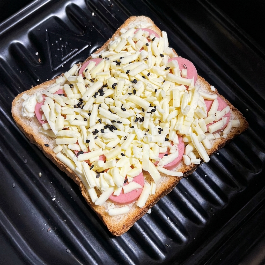 La tostada armada con salchicha y queso espolvoreada con semillas de sésamo negro.