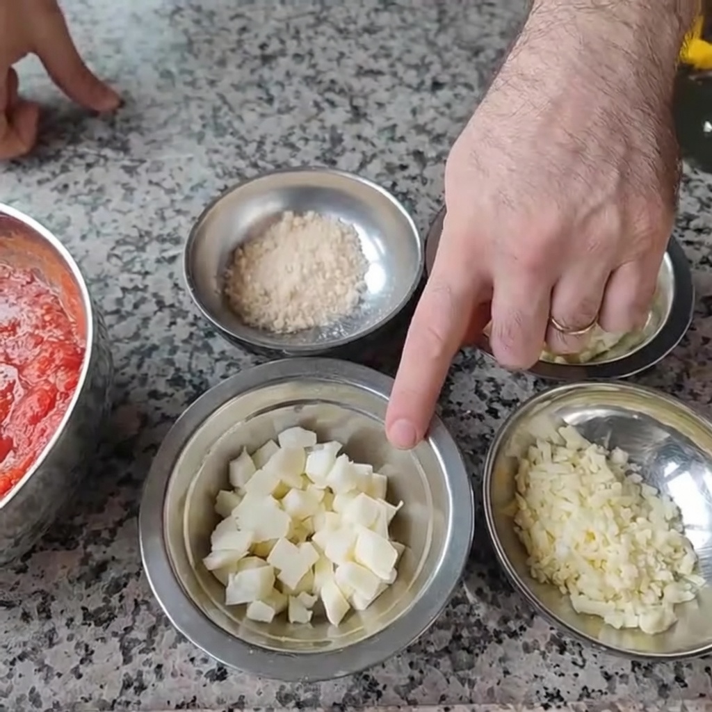 Variedad de seis tipos de quesos en cuencos metálicos sobre una encimera de mármol.