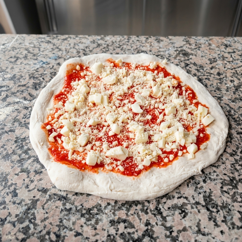 Espolvoreando queso duro rallado y hierbas secas sobre la pizza ensamblada.
