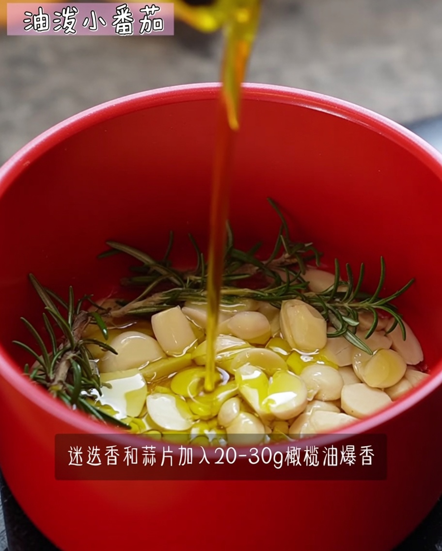 Romero, ajo y aceite de oliva en una olla roja al fuego.
