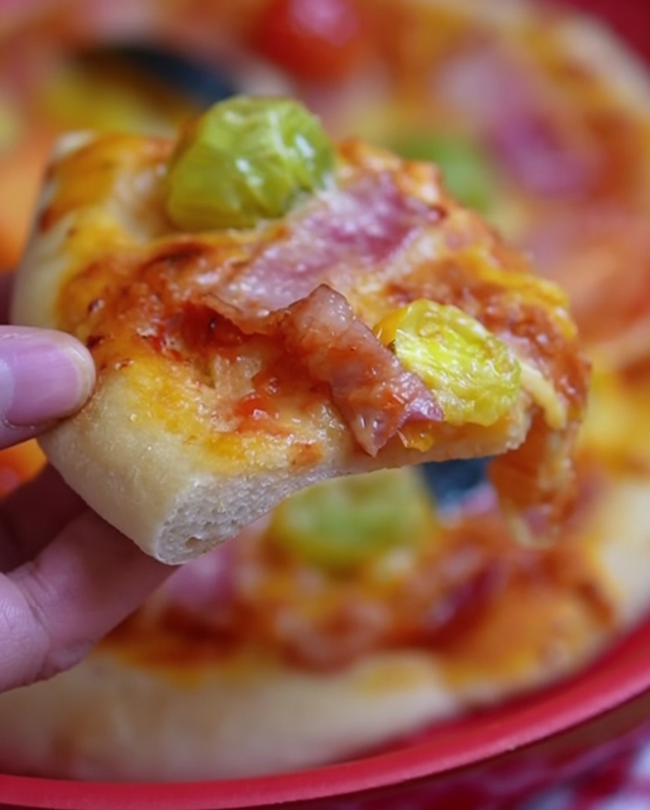 Pizza lista con mozzarella, tomates infusionados y panceta antes de hornear.