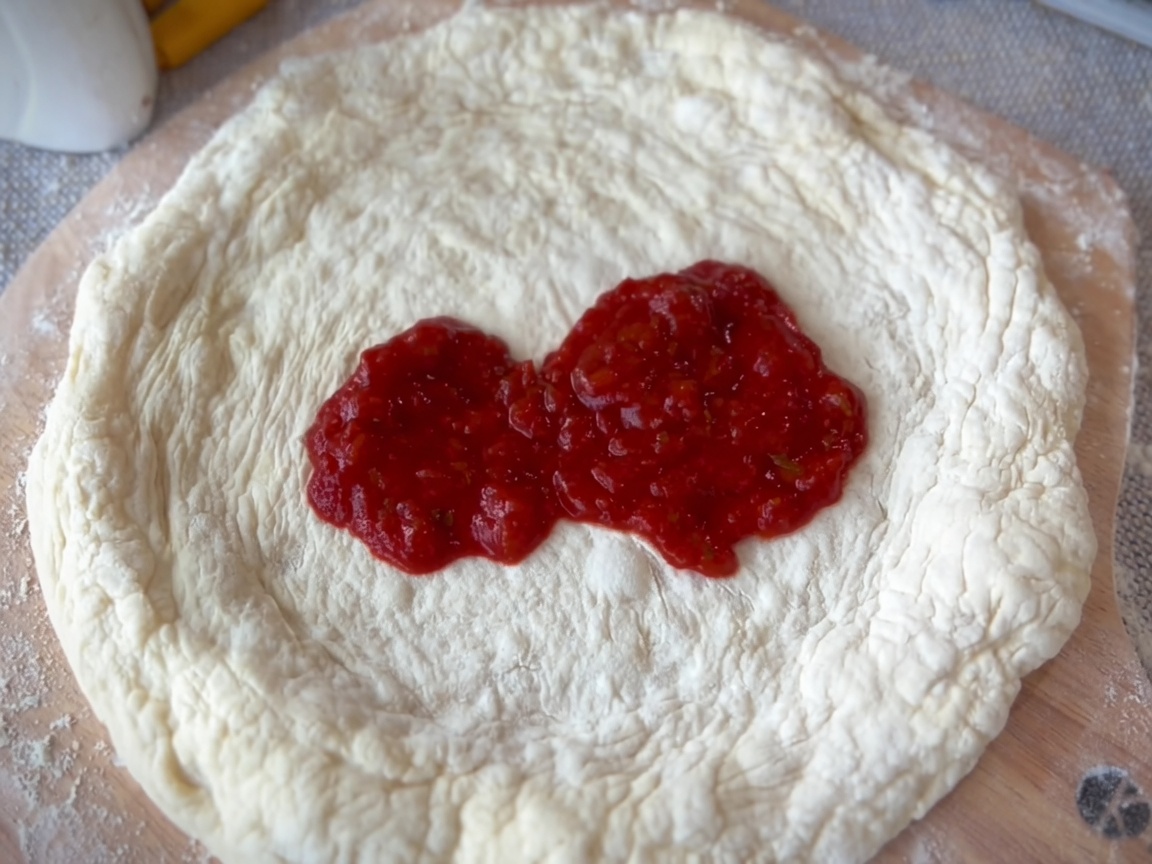 Una cuchara extendiendo salsa marinara roja por el centro de una base redonda de masa de pizza.