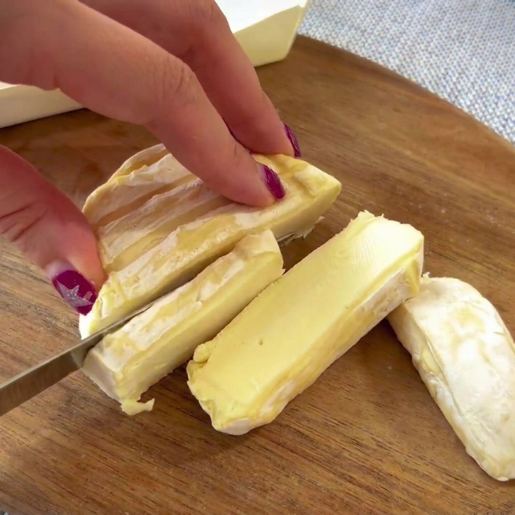 Trozos gruesos de queso Taleggio colocados sobre una capa de salami en una base de pizza.