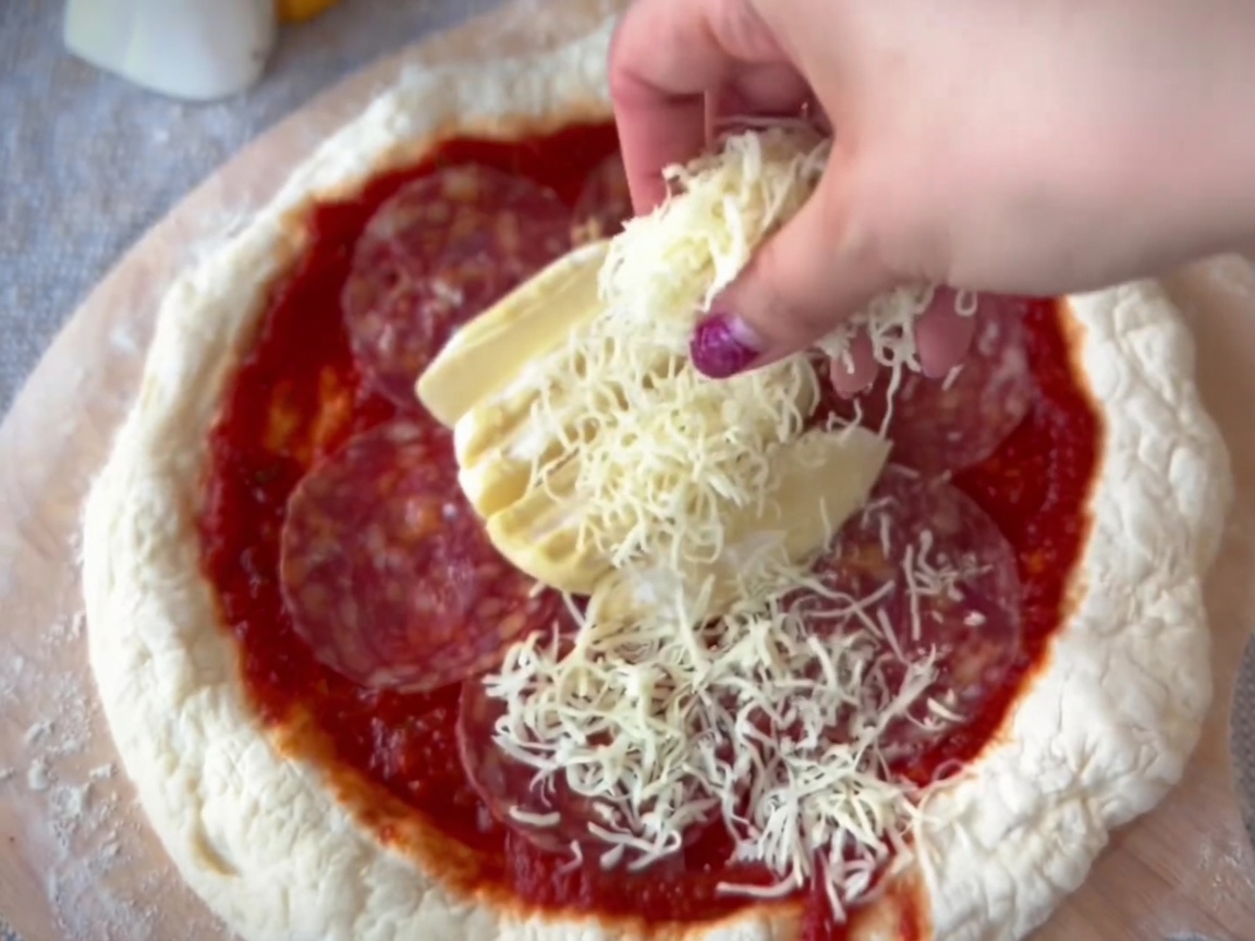 Una mano esparciendo queso mozzarella rallado uniformemente sobre una pizza con salami y Taleggio.