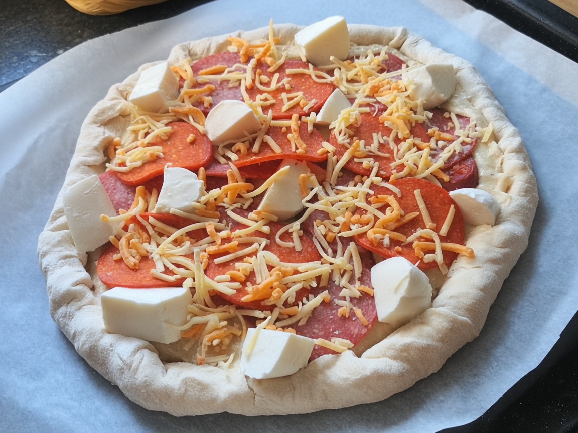 La pizza cruda ensamblada sobre papel de horno lista para entrar al horno.