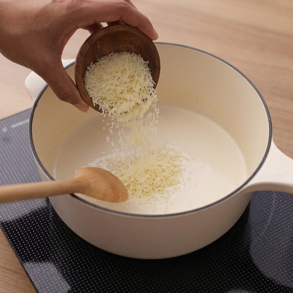 Queso parmesano rallado cayendo desde un pequeño cuenco de madera hacia una salsa blanca cremosa.