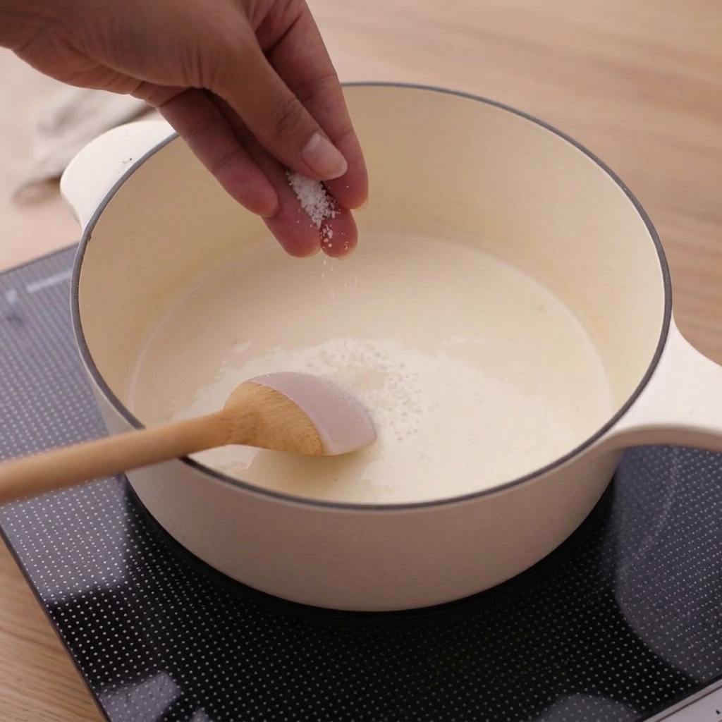 Sal siendo espolvoreada sobre una salsa cremosa cocinándose a fuego lento en una olla blanca.