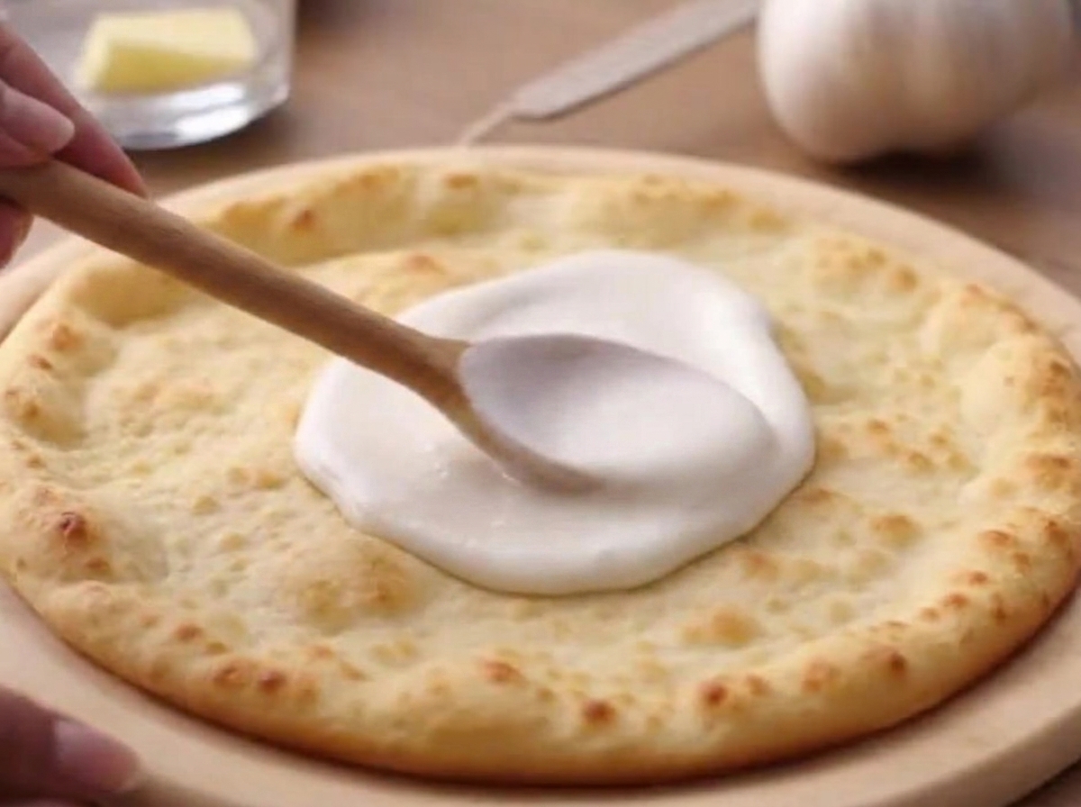 Salsa blanca para pizza siendo extendida sobre una masa de pizza redonda usando una cuchara de madera.