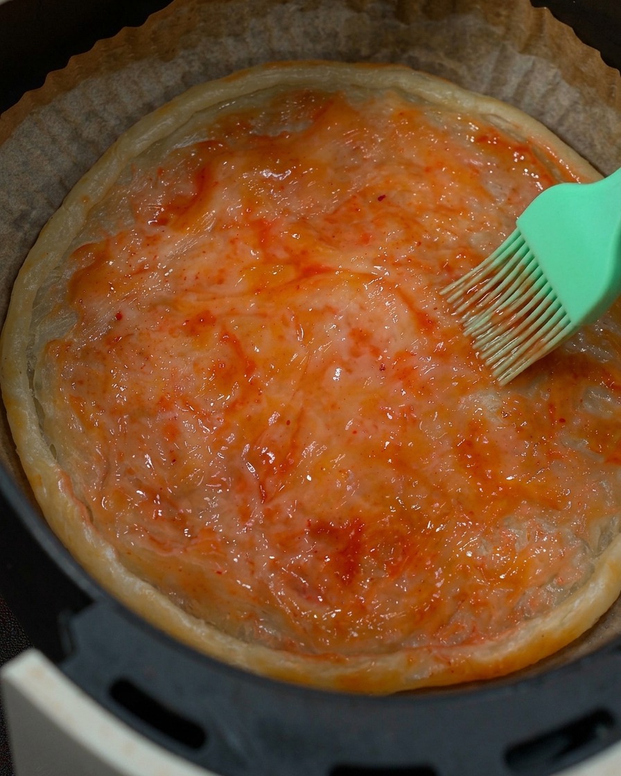 Un pincel de silicona verde extendiendo salsa de tomate de color rojo vibrante sobre la superficie de la base prehorneada y dorada.
