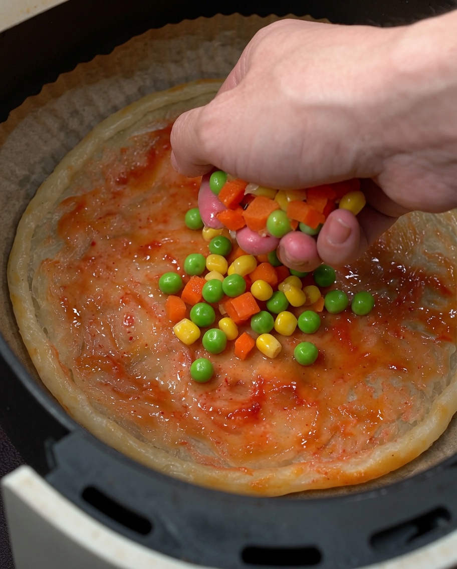 Una mano esparciendo una colorida mezcla de verduras, incluyendo zanahorias en cubitos, guisantes y granos de maíz, sobre la base de pizza con salsa.