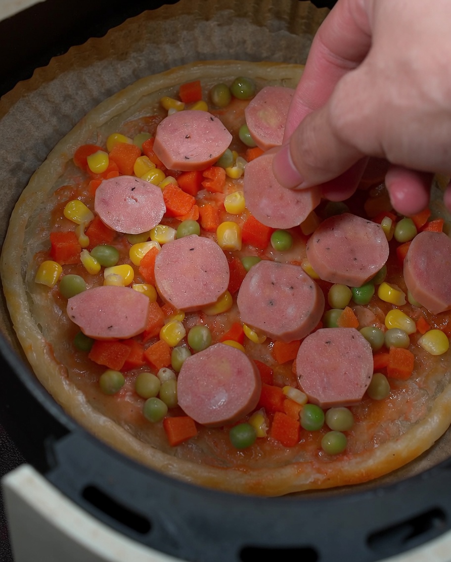 Una mano colocando rodajas de salchicha sobre la base de la pizza cubierta de verduras.