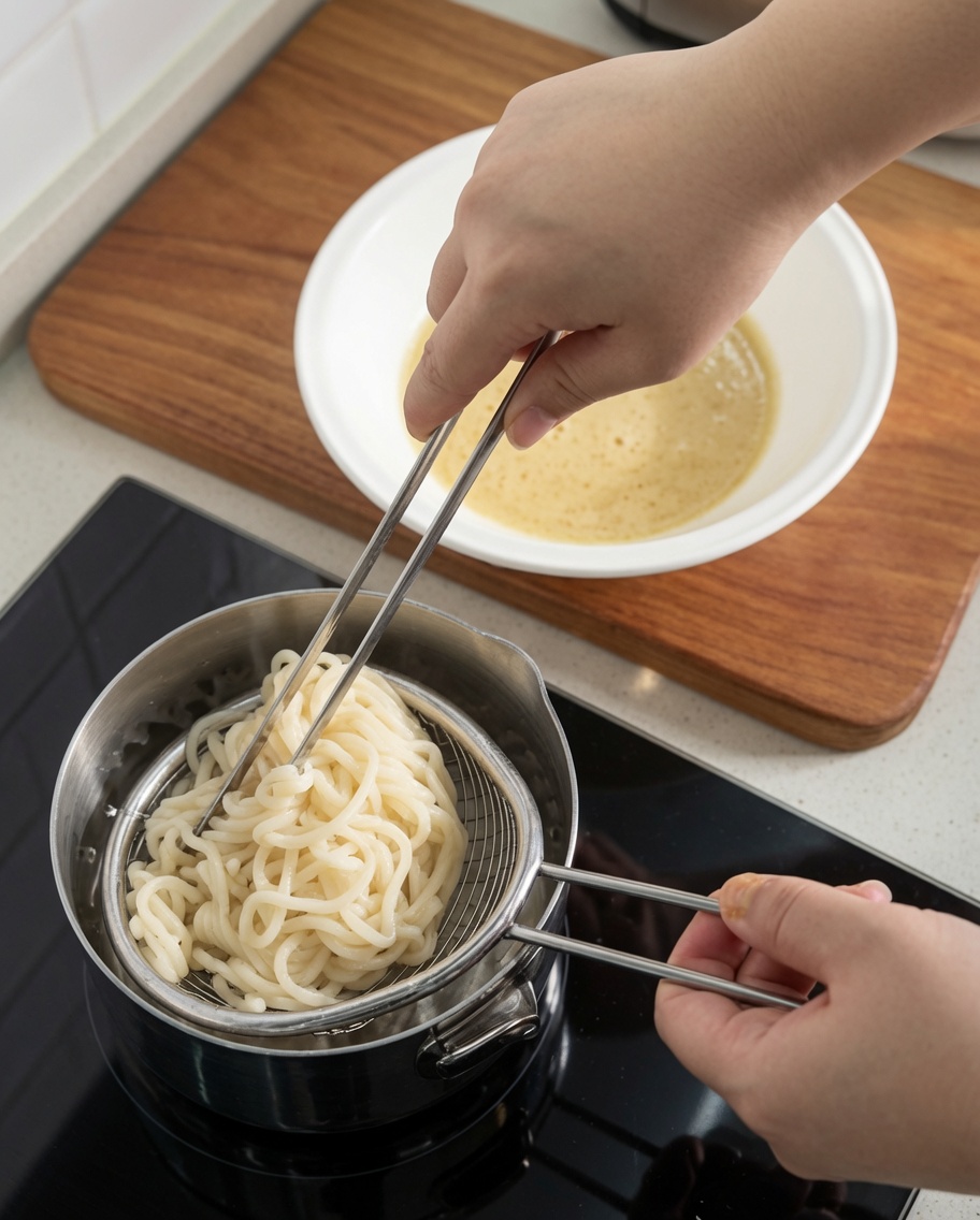 Fideos de ramen cocidos siendo colocados en el tazón de sopa con un colador.