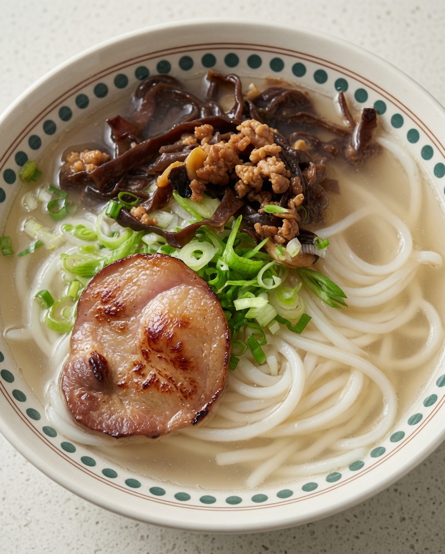 Primer plano de un cuenco de ramen con fideos, carne, hongos y chashu.