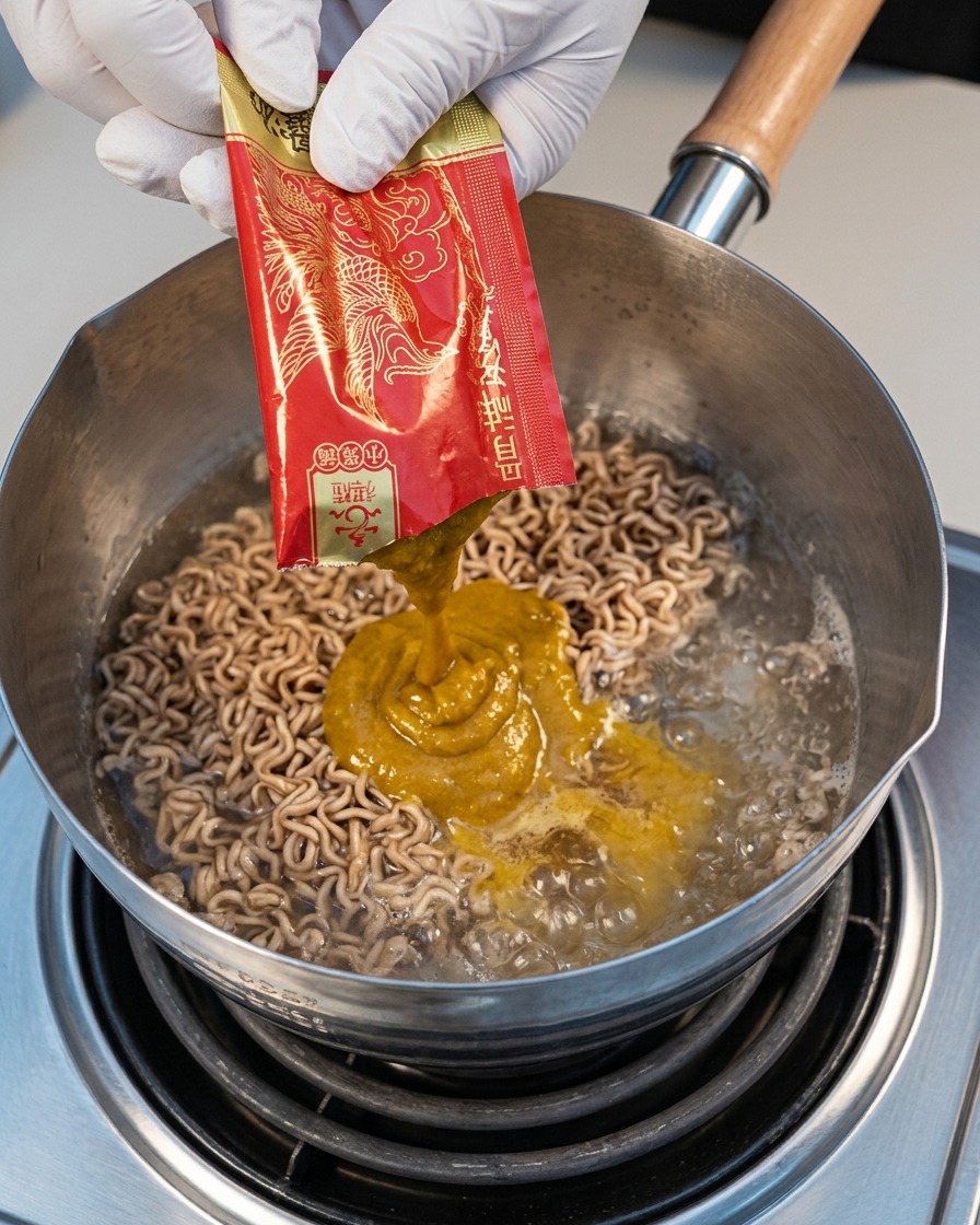 Base de sopa de hueso de cerdo japonés exprimiéndose de un paquete en agua hirviendo.