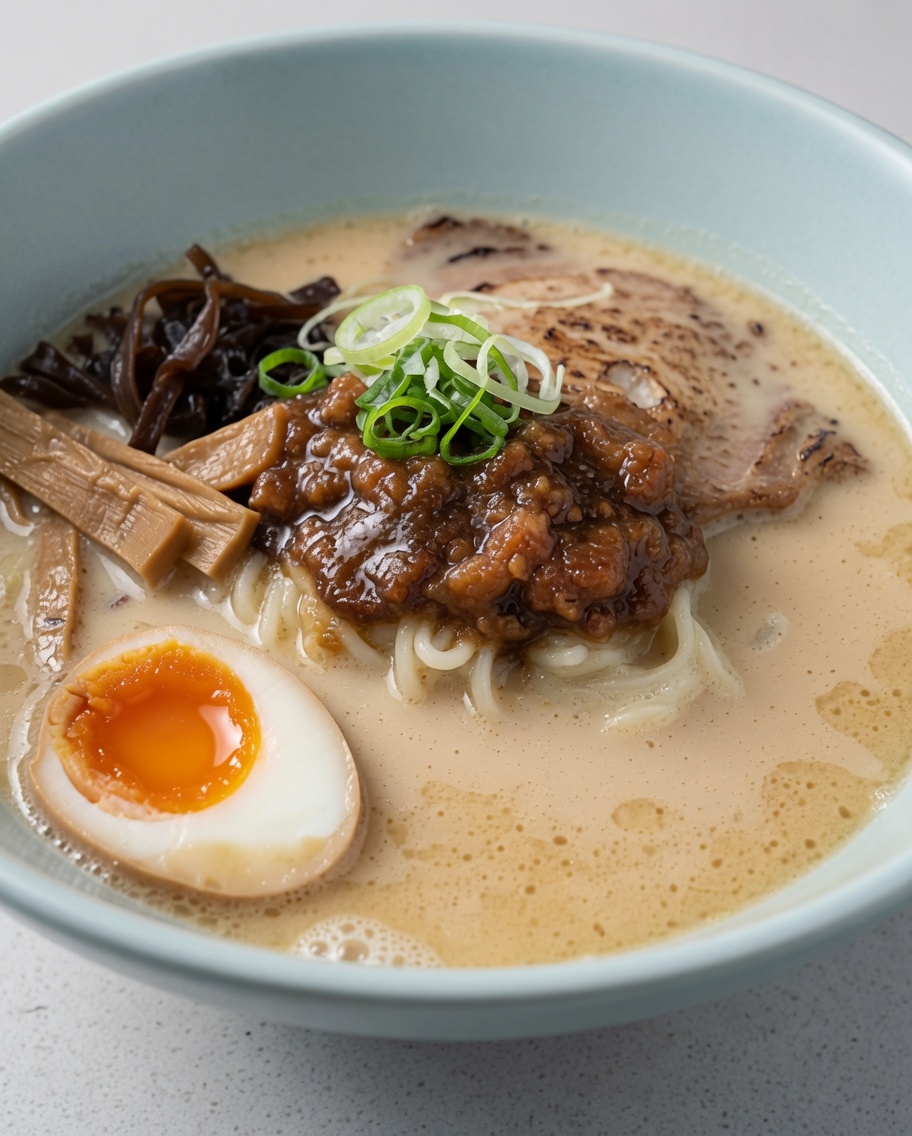 Tazón de ramen terminado adornado con cebolleta, chalotas fritas y hojas de alga nori.