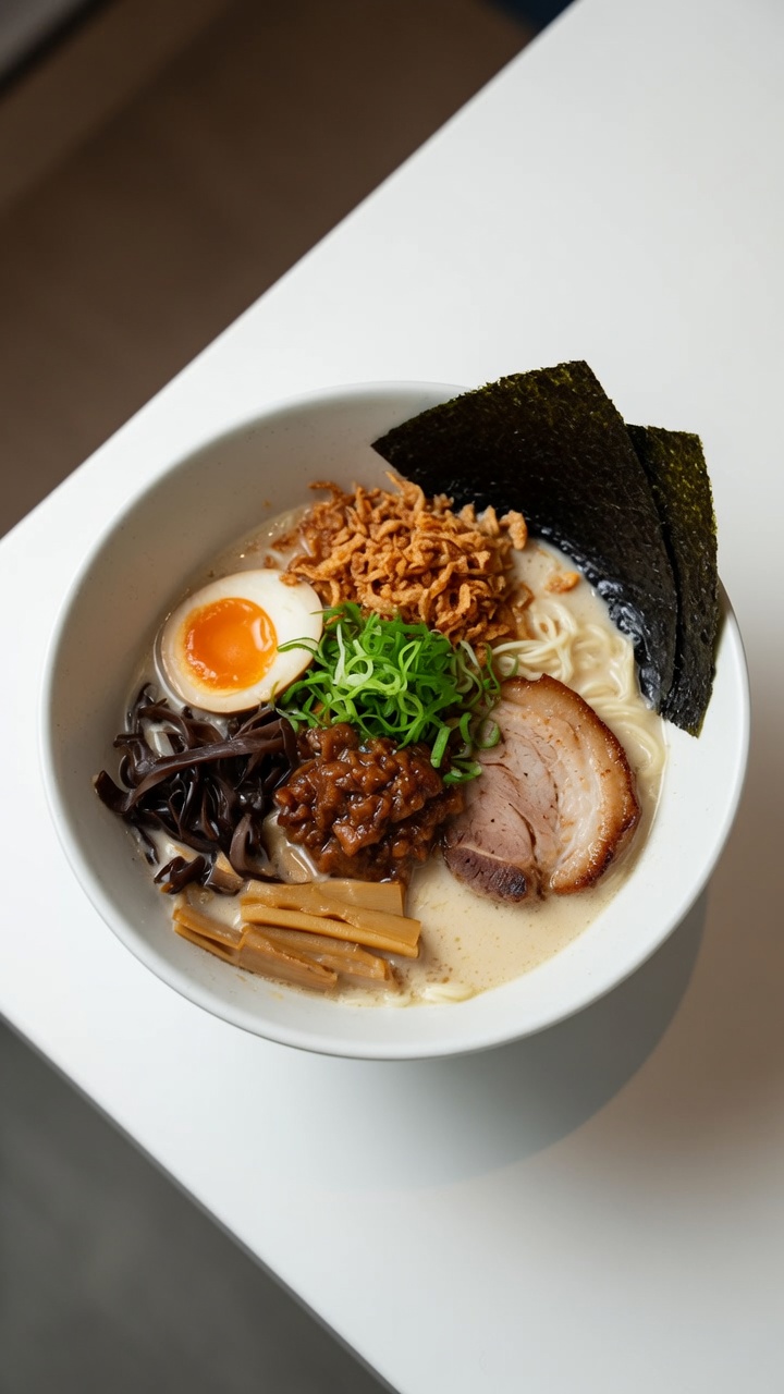 Un tazón de Tonkotsu Ramen japonés con caldo cremoso de cerdo, Char Siu sellado, huevo mollet y aderezos crujientes.
