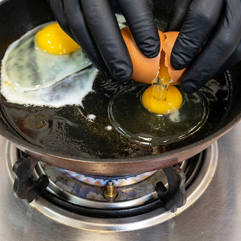 Dos huevos crudos siendo cascados en una sartén caliente con aceite.