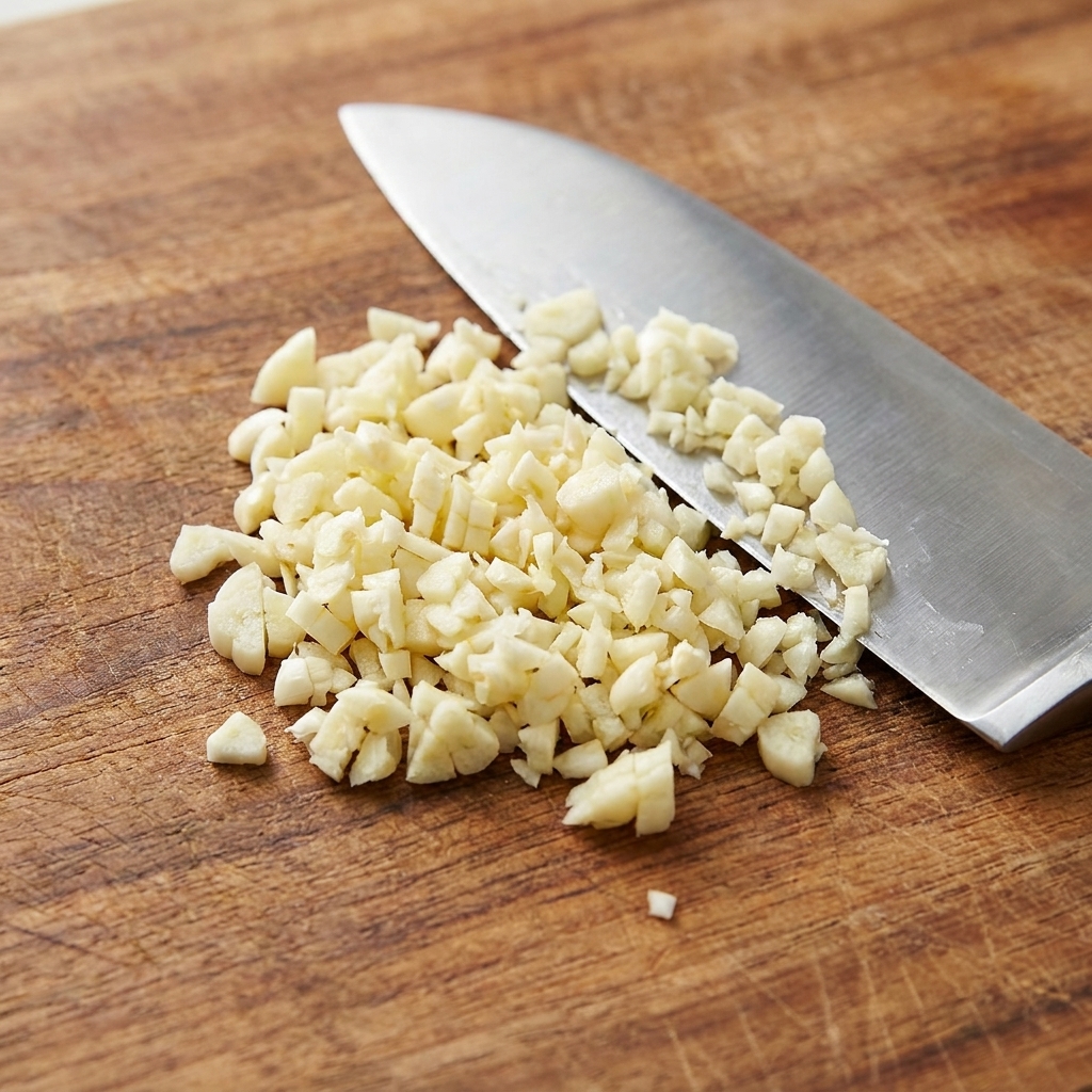 Ajo picado en una tabla de cortar de madera junto a un cuchillo.