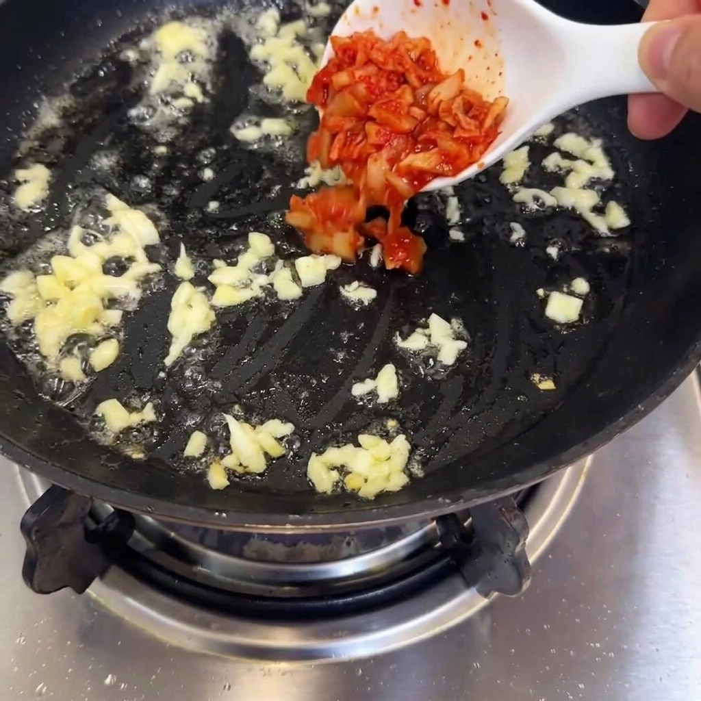 Piezas de kimchi añadidas a la sartén con el ajo dorado.