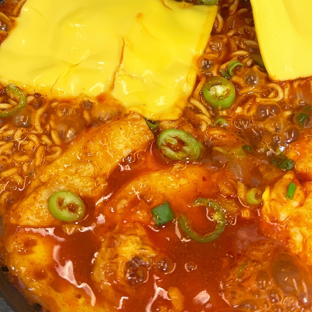 Dos lonchas de queso amarillo fundiéndose sobre el ramen.