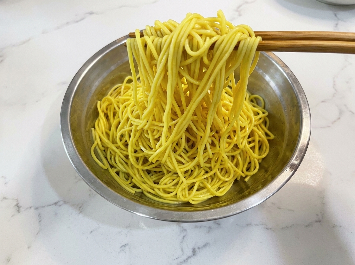 Una gran porción de fideos amarillos agregándose a la sartén para mezclarse con el tocino y las verduras.