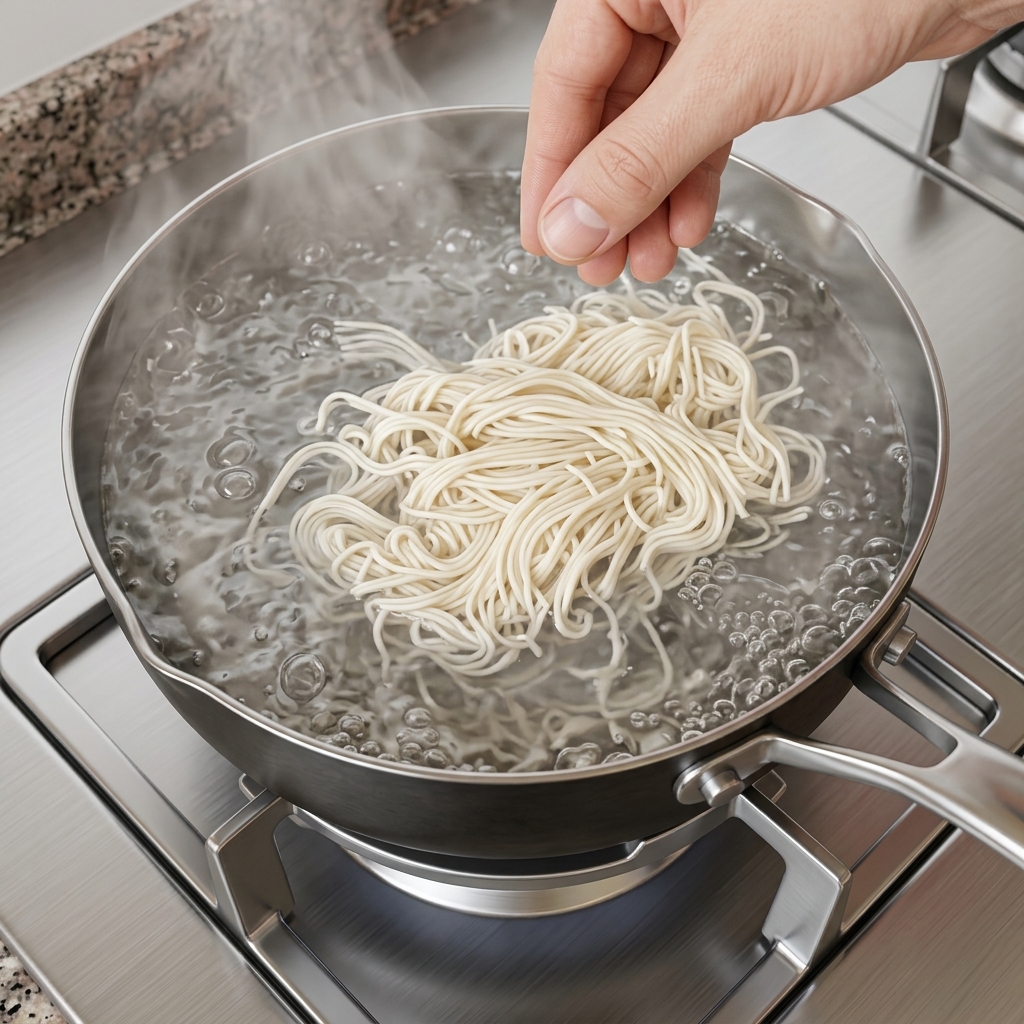 Fideos finos frescos hirviendo en una olla con agua.