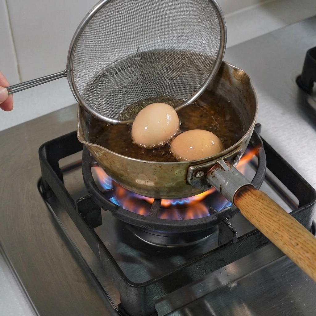 Dos huevos siendo sacados de una olla con agua hirviendo usando una espumadera de malla de acero inoxidable.