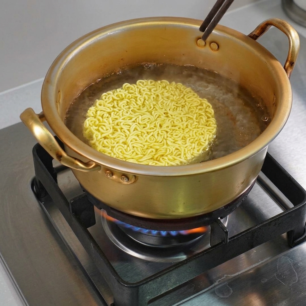 Fideos ramen hirviendo en una tradicional olla de metal dorado sobre el fuego.