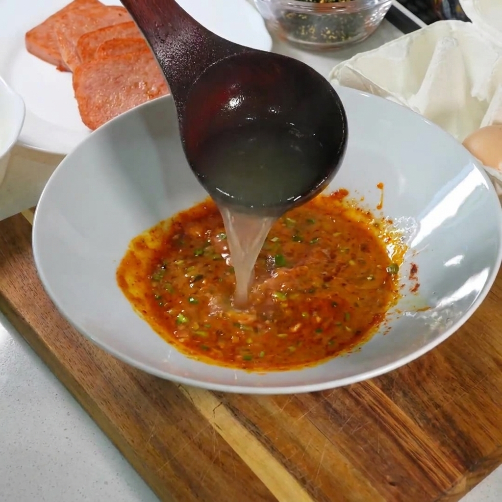 Agua caliente de los fideos siendo vertida con un cucharón en un tazón blanco con la mezcla cremosa y especiada de yema de huevo.