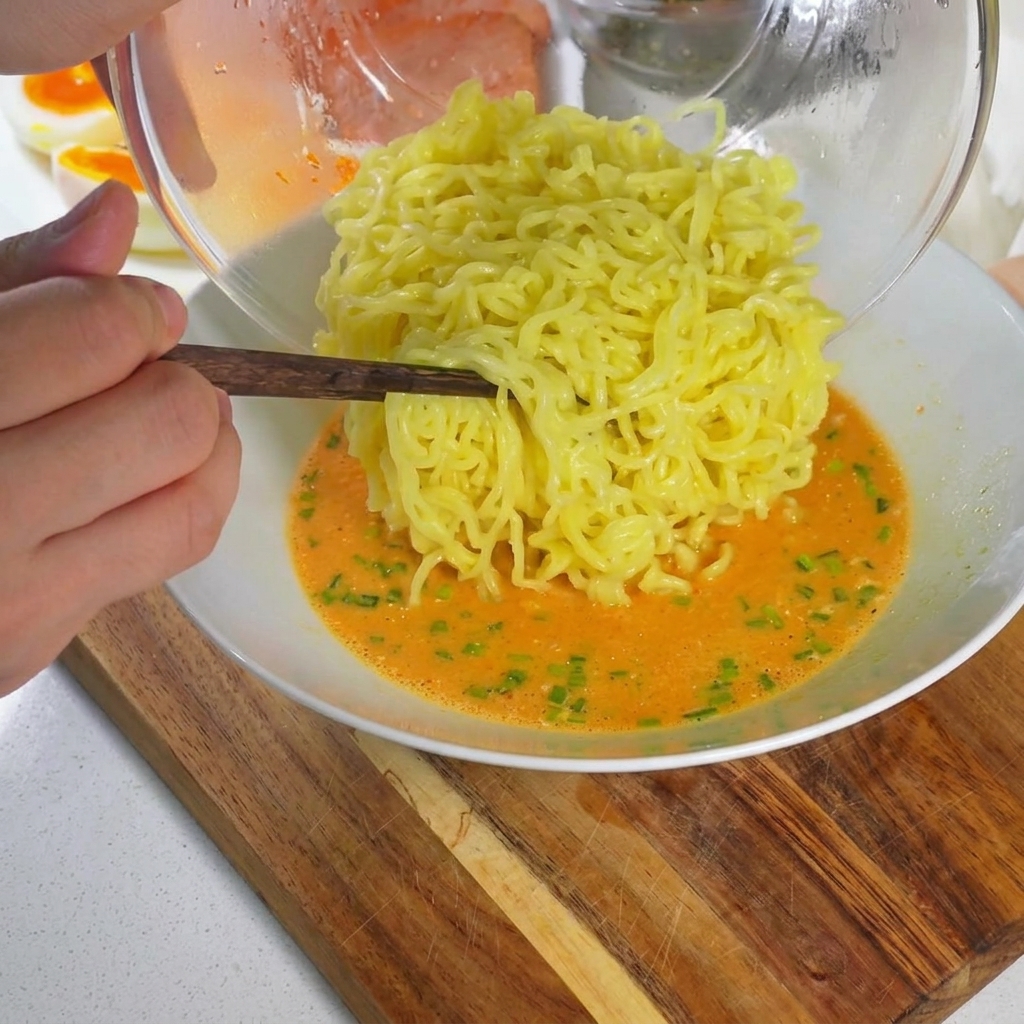 Fideos ramen cocidos siendo levantados con palillos e introducidos en un tazón con sopa cremosa.