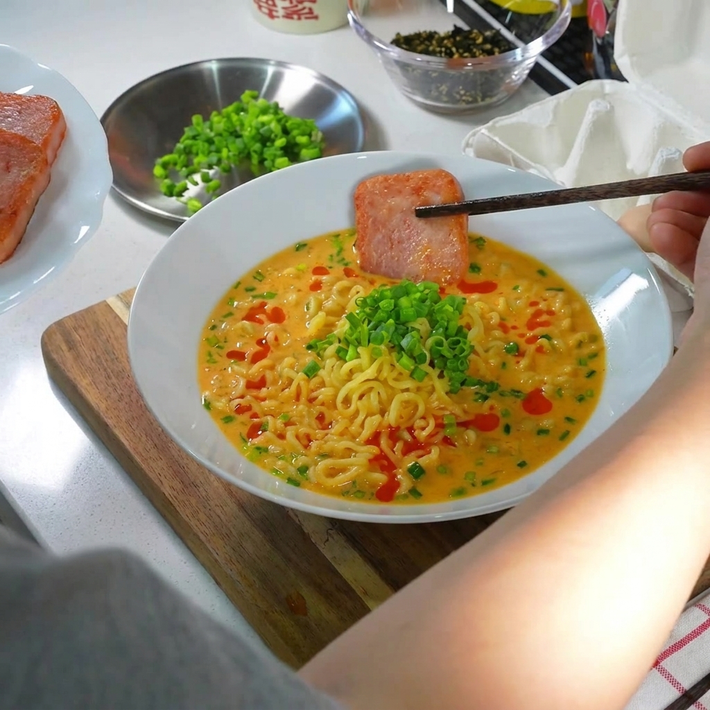 Un tazón de ramen coronado con SPAM frito y dorado, un huevo pasado por agua, una pizca de cebolleta picada y aceite de chile.