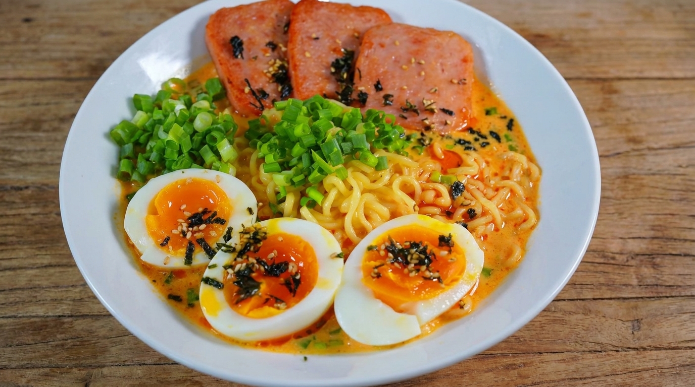 Un tazón de ramen picante coronado con huevos pasados por agua, rebanadas doradas de SPAM frito, cebolleta fresca y copos de alga nori.