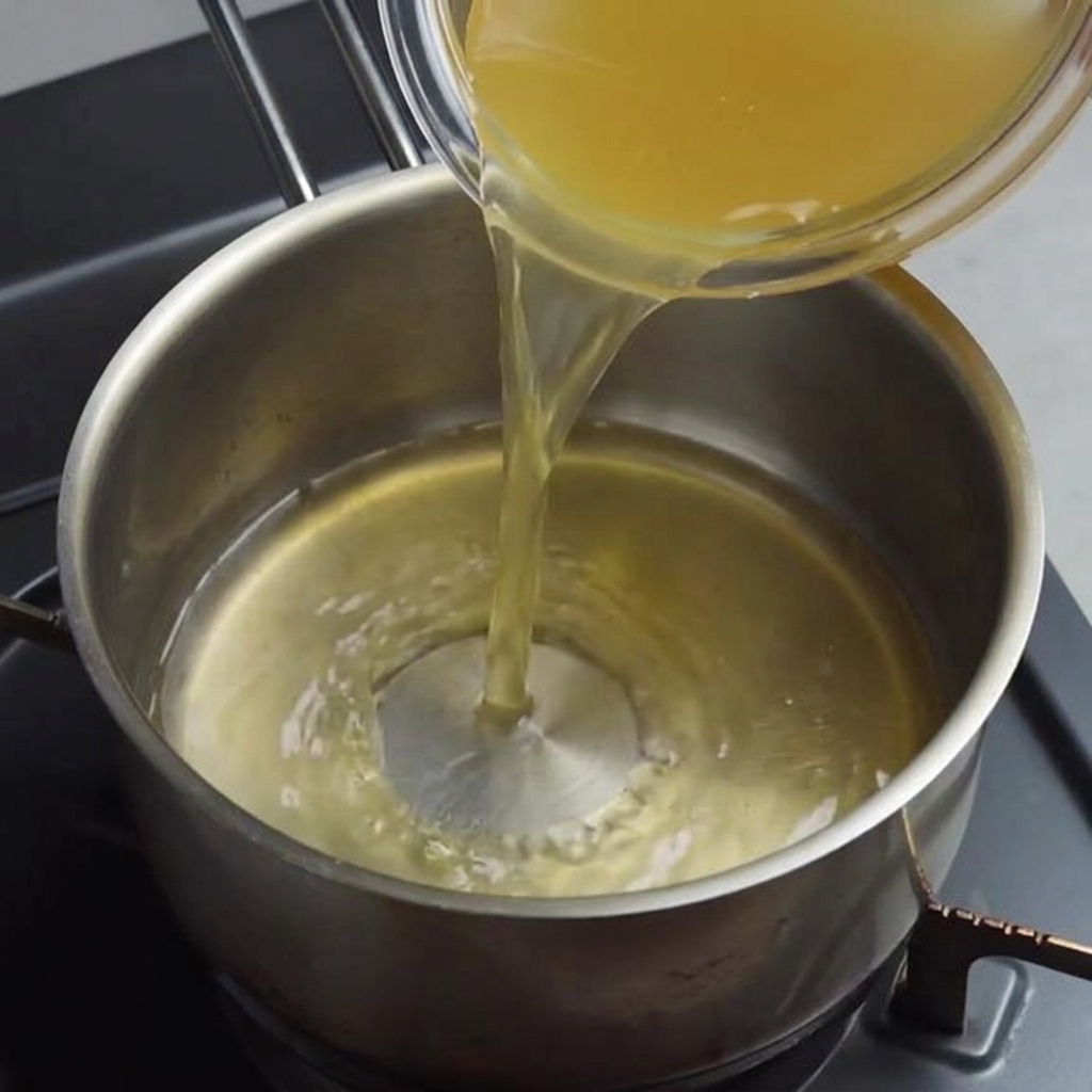 Vertiendo caldo de pollo en una cacerola para comenzar el caldo del ramen.